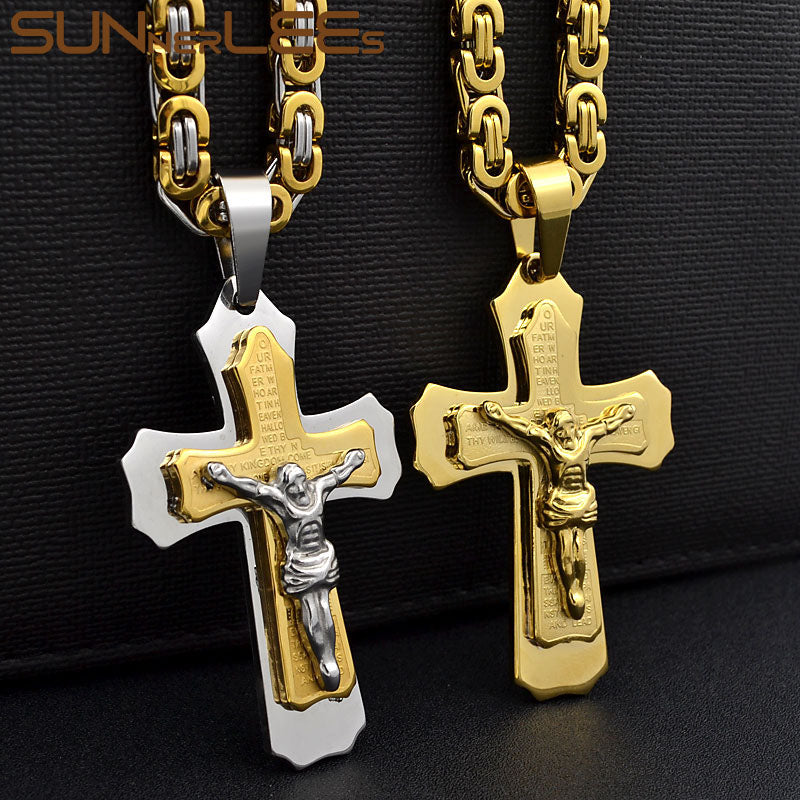 SUNNERLEES Gold Color Stainless Steel Jesus Christ Cross